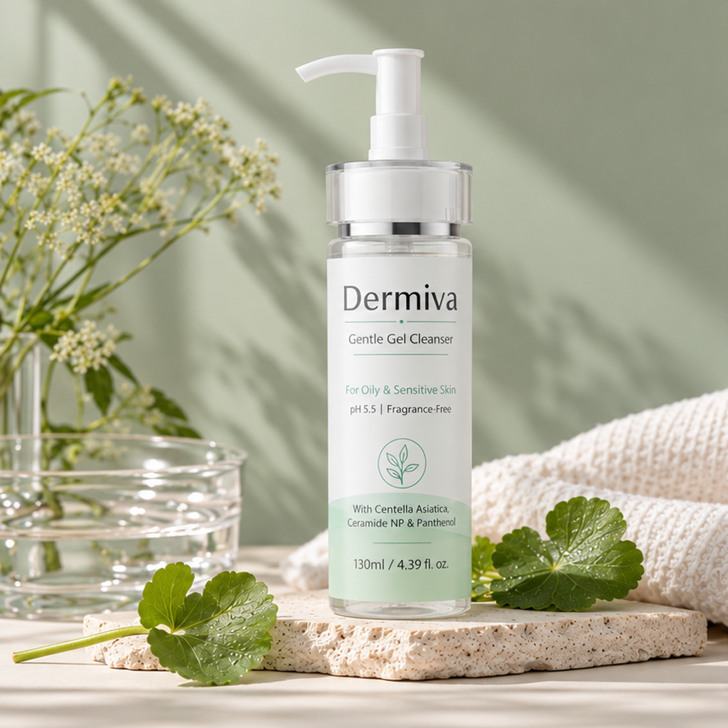 Dermiva Gentle Gel Cleanser on a stone tray with centella leaves