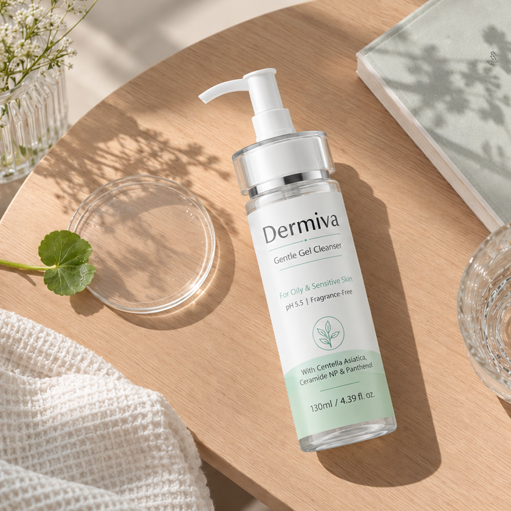 Dermiva Gentle Gel Cleanser on a wooden table